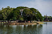 The remains of the ubosot of Wat Traphang Ngoen bulit on an island in the middle of a reservoir.Old Sukhothai - Thailand.